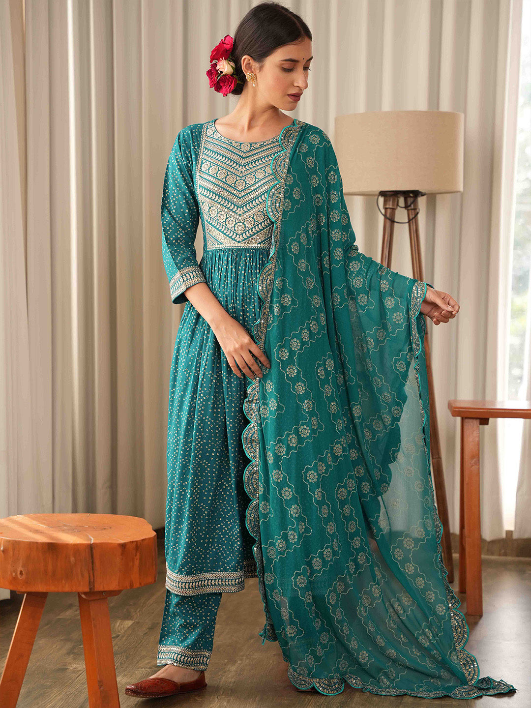 Bandhani Embroidered Rayon Kurta With Pants &amp; Dupatta