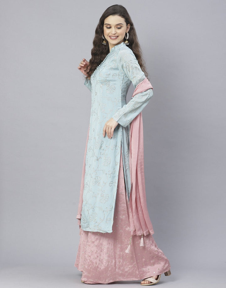 Aqua Blue and Pink Art Crepe Salwar Kameez