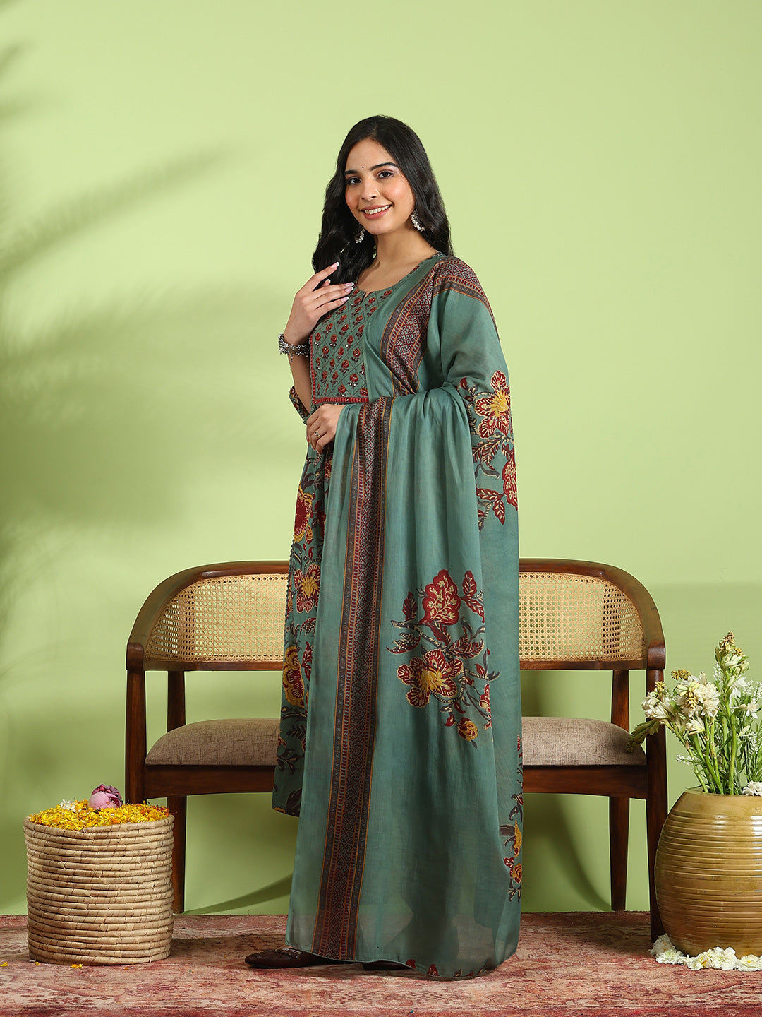 Printed Cotton Kurta With Pant &amp; Dupatta