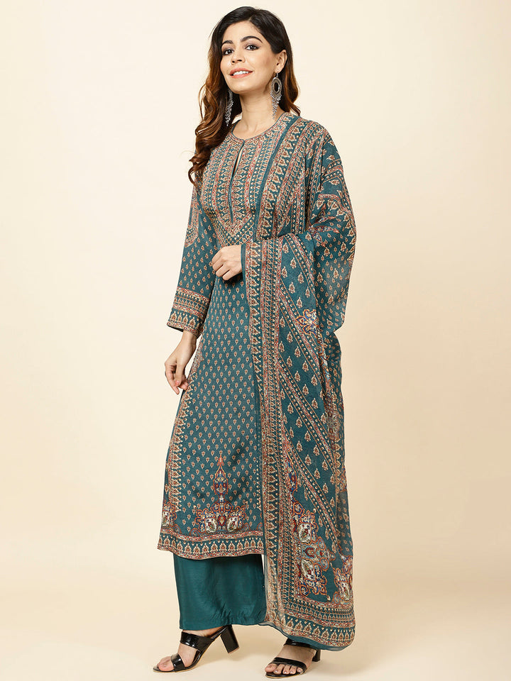 Digitally Printed Crepe Kurta With Palazzo &amp; Dupatta