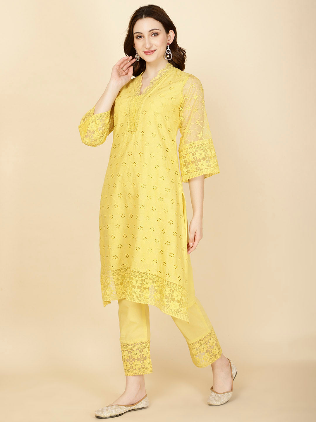 Thread Embroidery Cotton Kurta With Pants