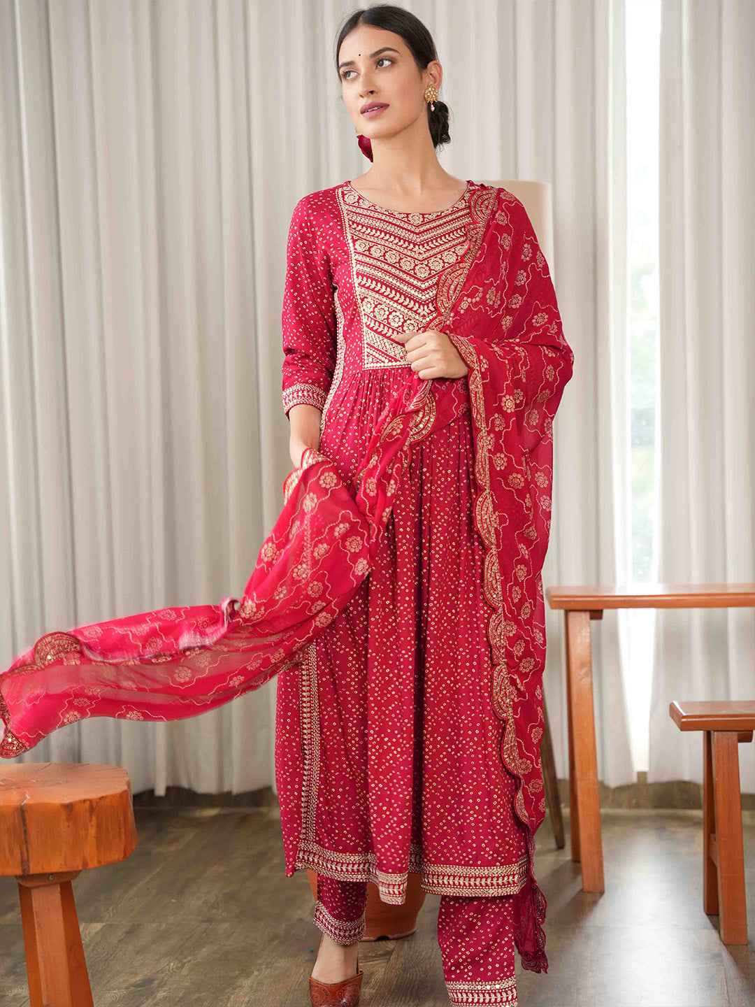 Bandhani Embroidered Rayon Kurta With Pants &amp; Dupatta