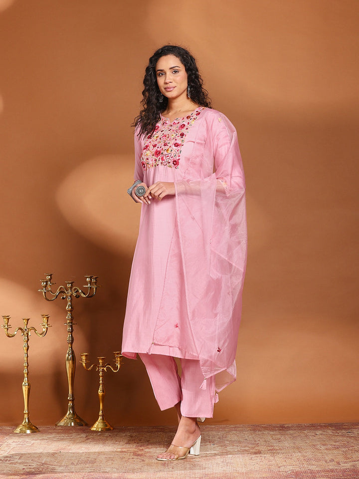 Pink Cotton Blend Embroidered A Line Suit Set