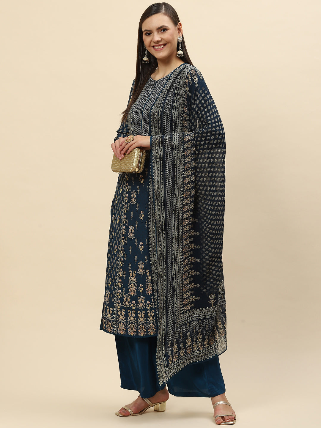 Floral Digital Printed Crepe Kurta With Palazzo &amp; Net Dupatta