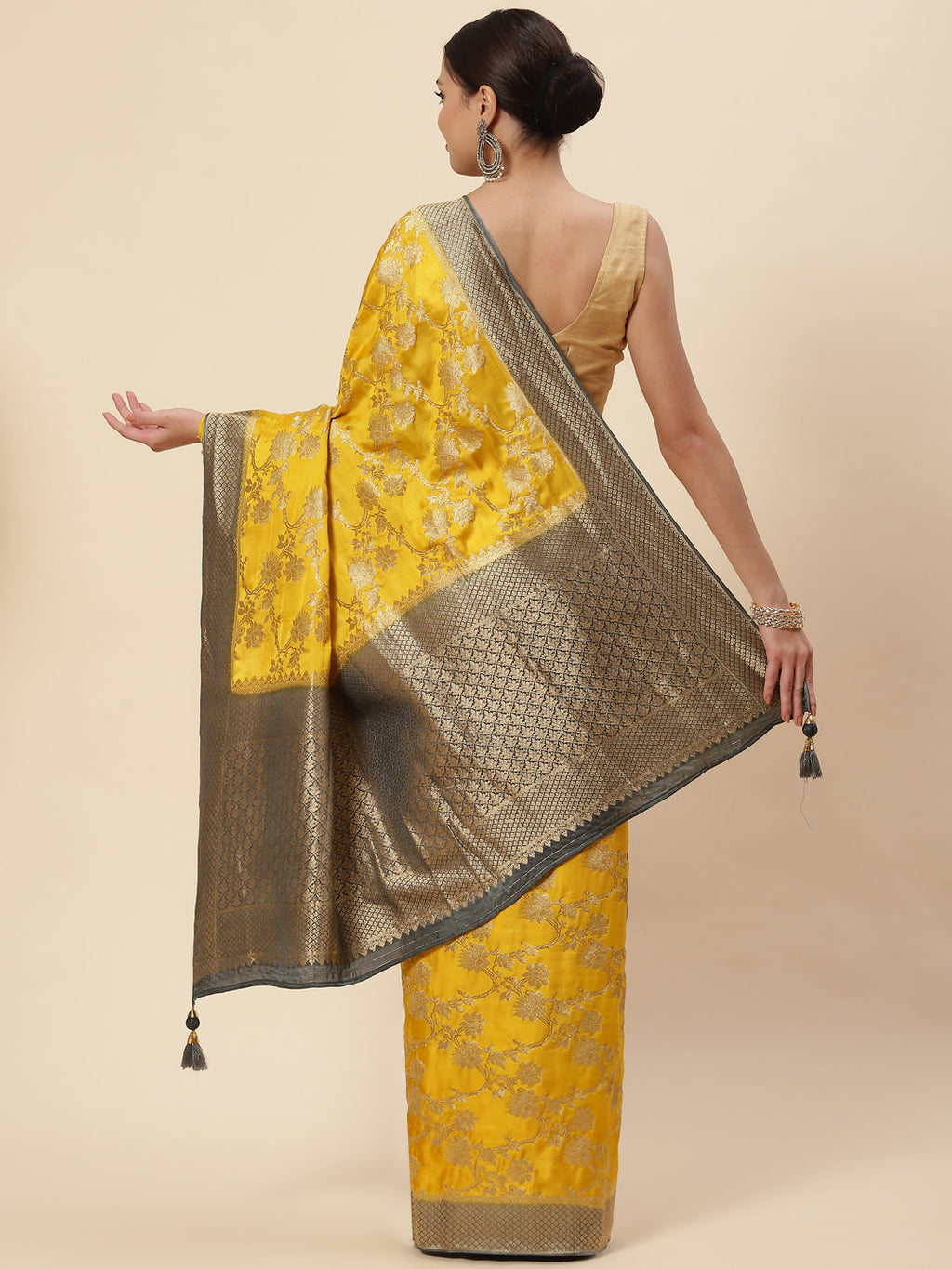 Floral Jaal Satin Plain Saree