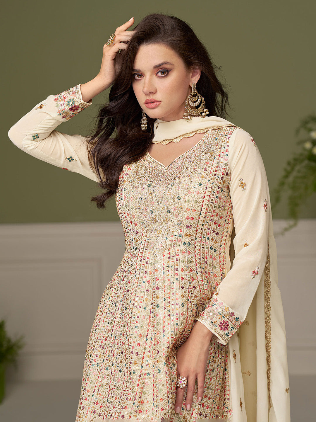 Embroidered Geogrette Kurta With Plazzo &amp; Dupatta