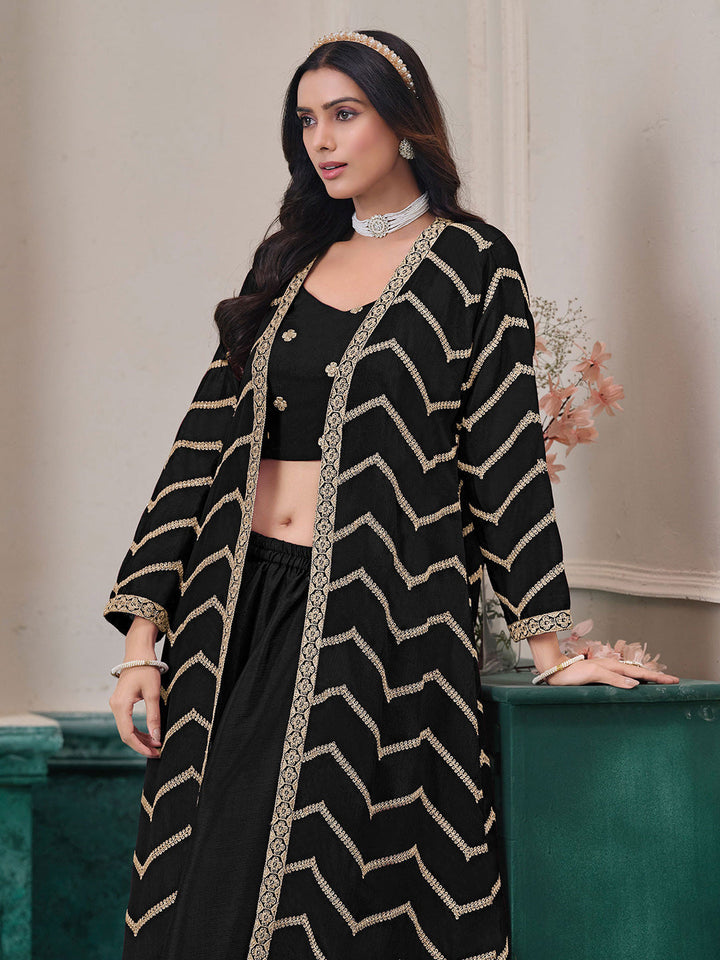 Embroidered Chinnon Choli With Plazzo &amp; Jacket
