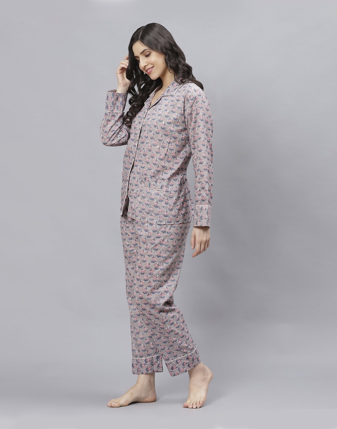Grey Cotton Printed Comfort Wear