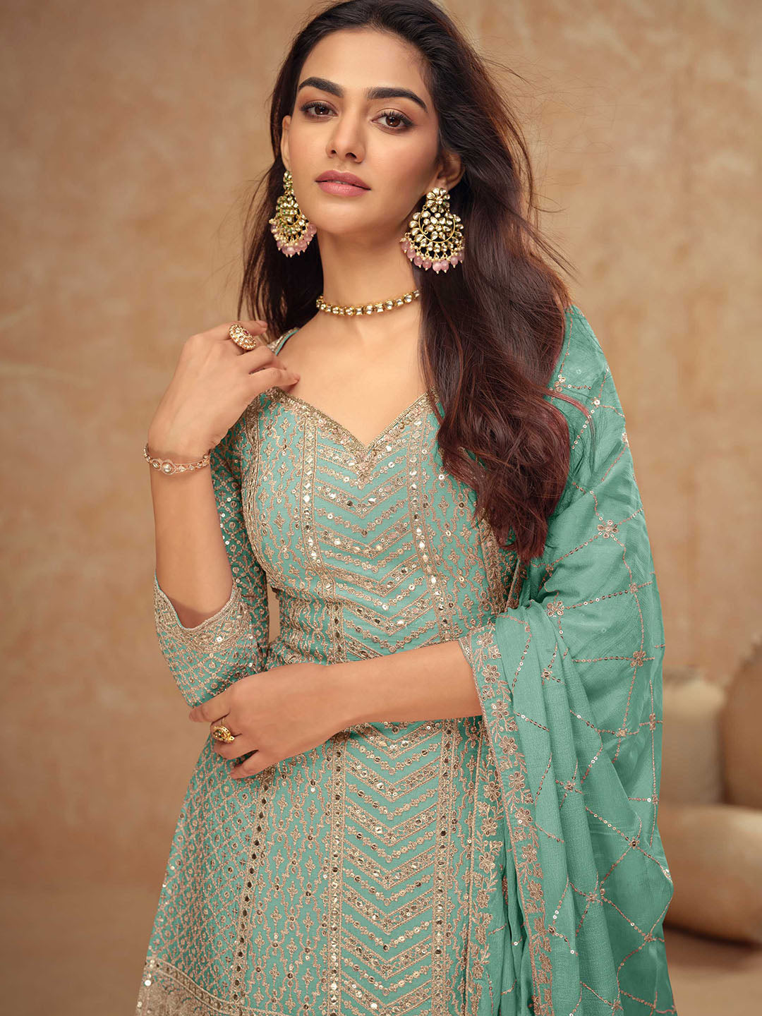 Sequins Embroidery Chinon Suit With Pant &amp; Dupatta