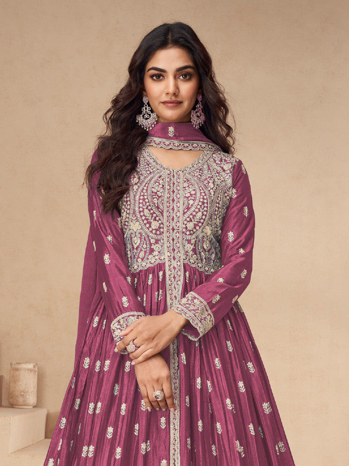 Embroidered Chinon Silk Gown With Plazzo &amp; Dupatta