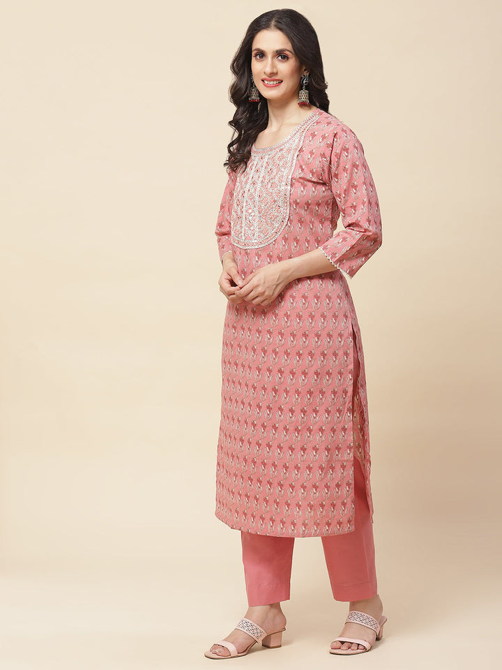 Printed  &amp; Neck Embroidered Cotton Kurta With Pants