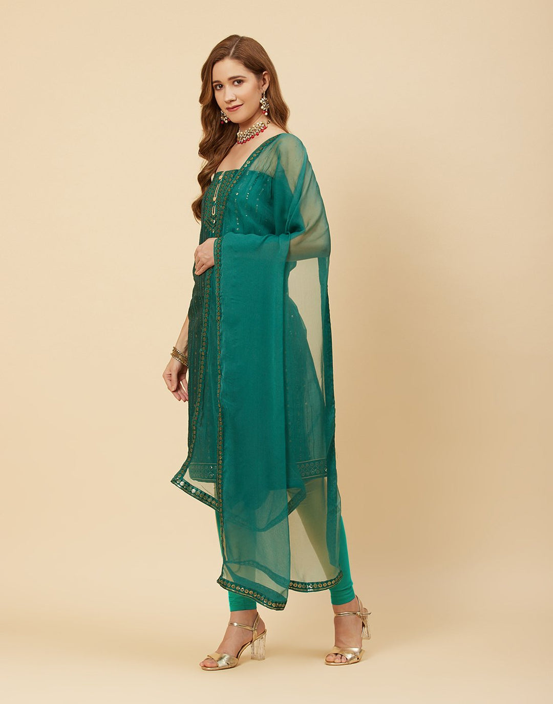Embroidered Chanderi Suit Piece With Chiffon Dupatta