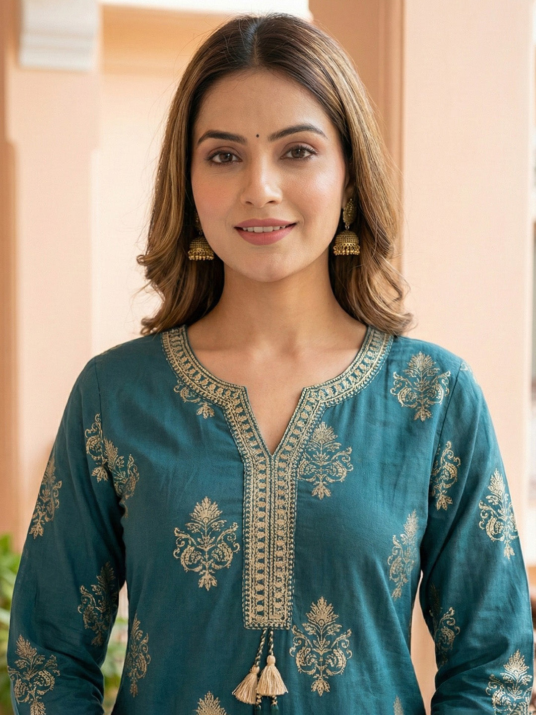 Green Cotton Blend Printed Straight Suit Set
