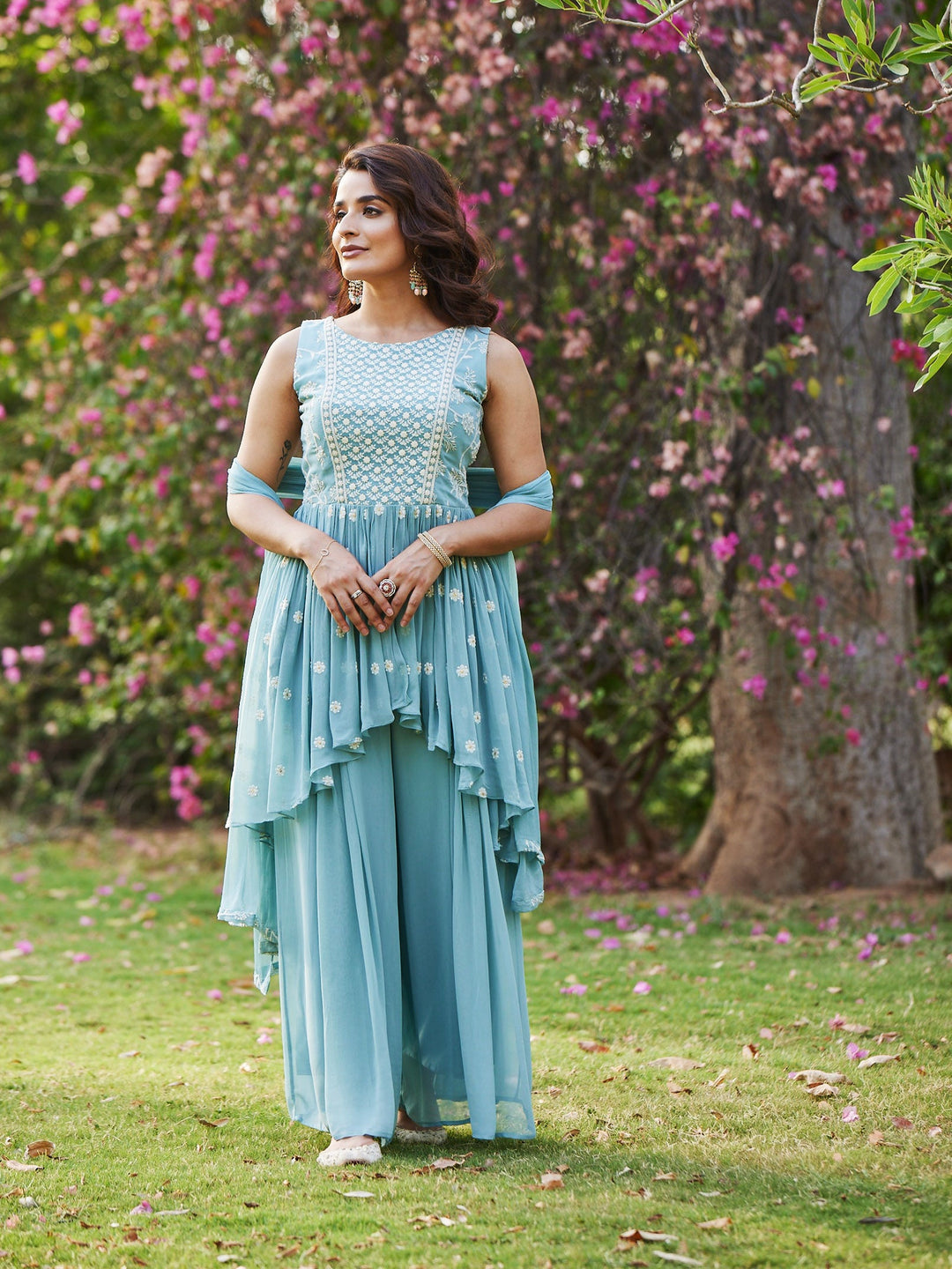 Resham Booti Embroidered Gerorgette Kurti With Palazzo &amp; Dupatta