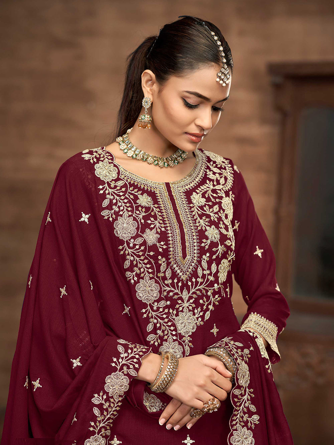 Embroidered Art Silk Kurta With Lehenga &amp; Dupatta