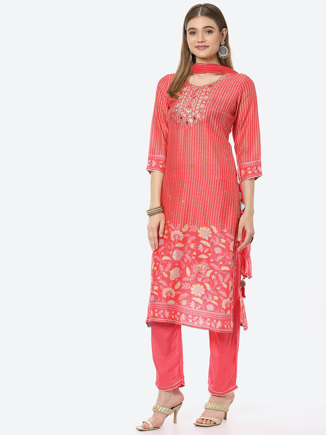 Mirror Work & Printed Muslin Kurta With Pant & Chiffon Dupatta