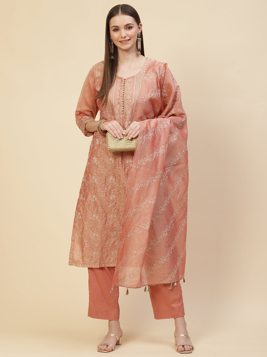 Zari Embroidered Cotton Kurta With Pants &amp; Dupatta