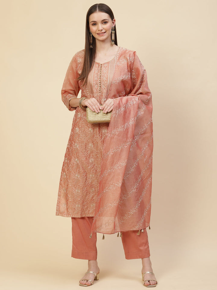 Zari Embroidered Cotton Kurta With Pants &amp; Dupatta