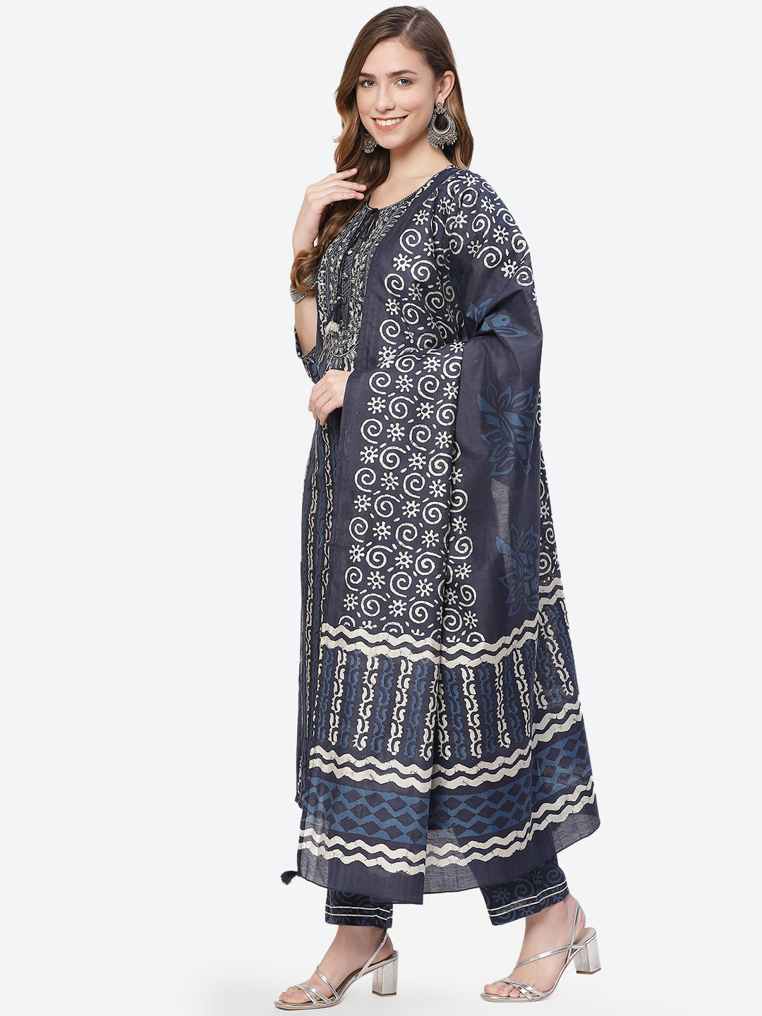 Printed Cotton Kurti With Pant And Printed Dupatta