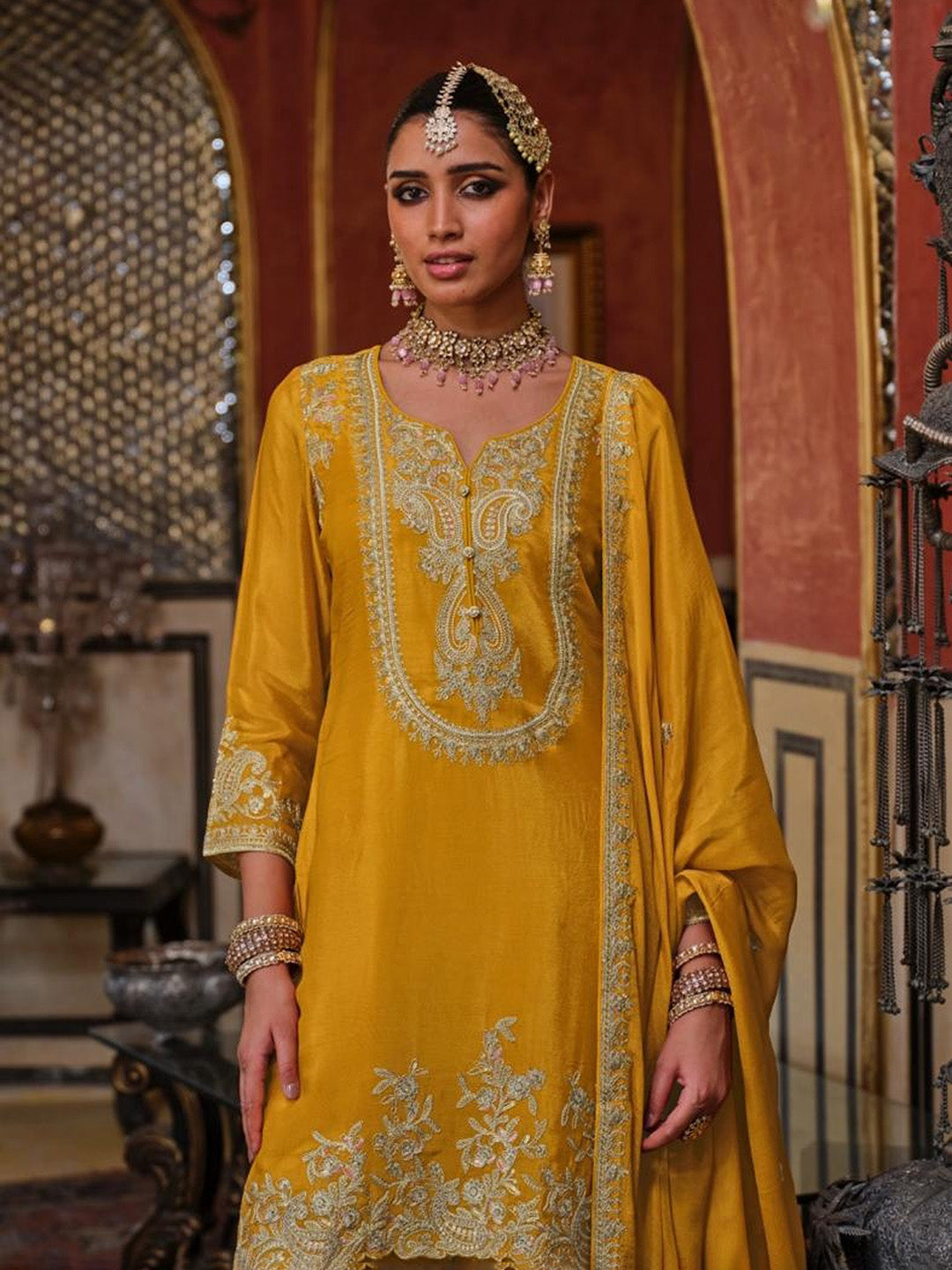 Embroidered Chinnon Kurta With Gharara &amp; Dupatta