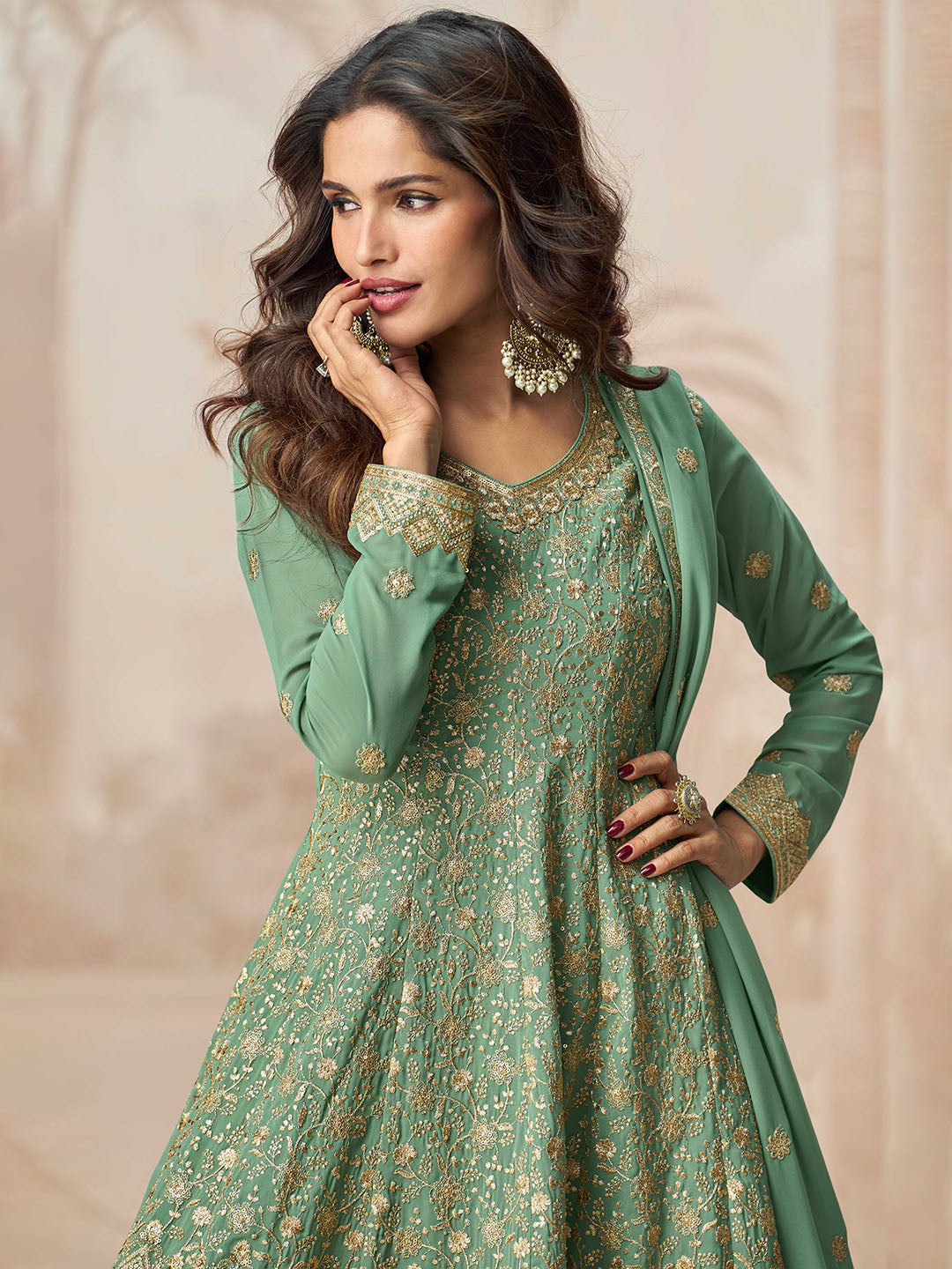 Embroidered Georgette Kurti With Sharara &amp; Dupatta