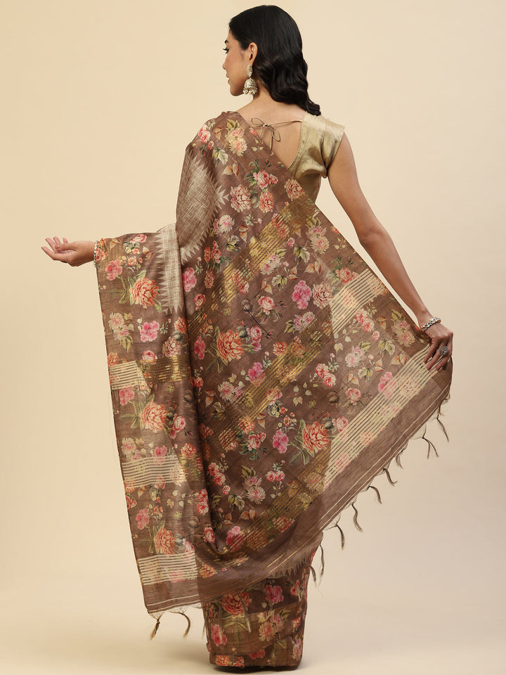 Digital Floral Zari Border Tussar Saree