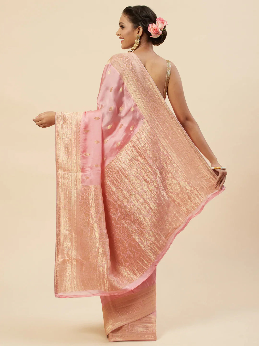 Zari Border Booti Satin Woven Saree