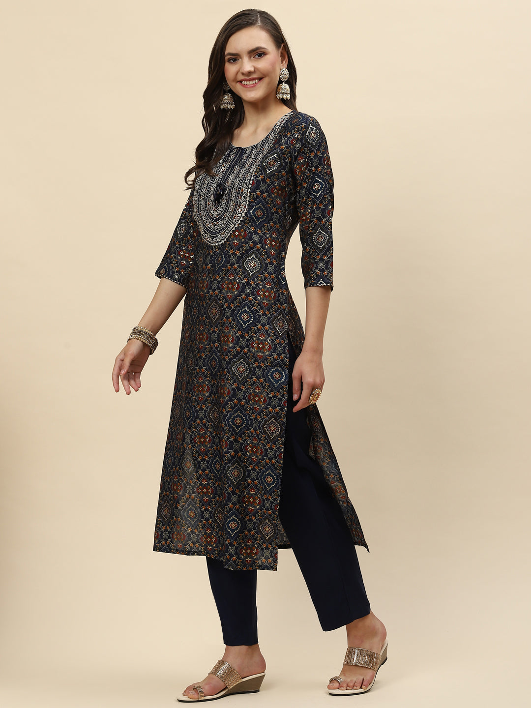 Zari Neck Embroidered & Printed Muslin Kurta With Pants