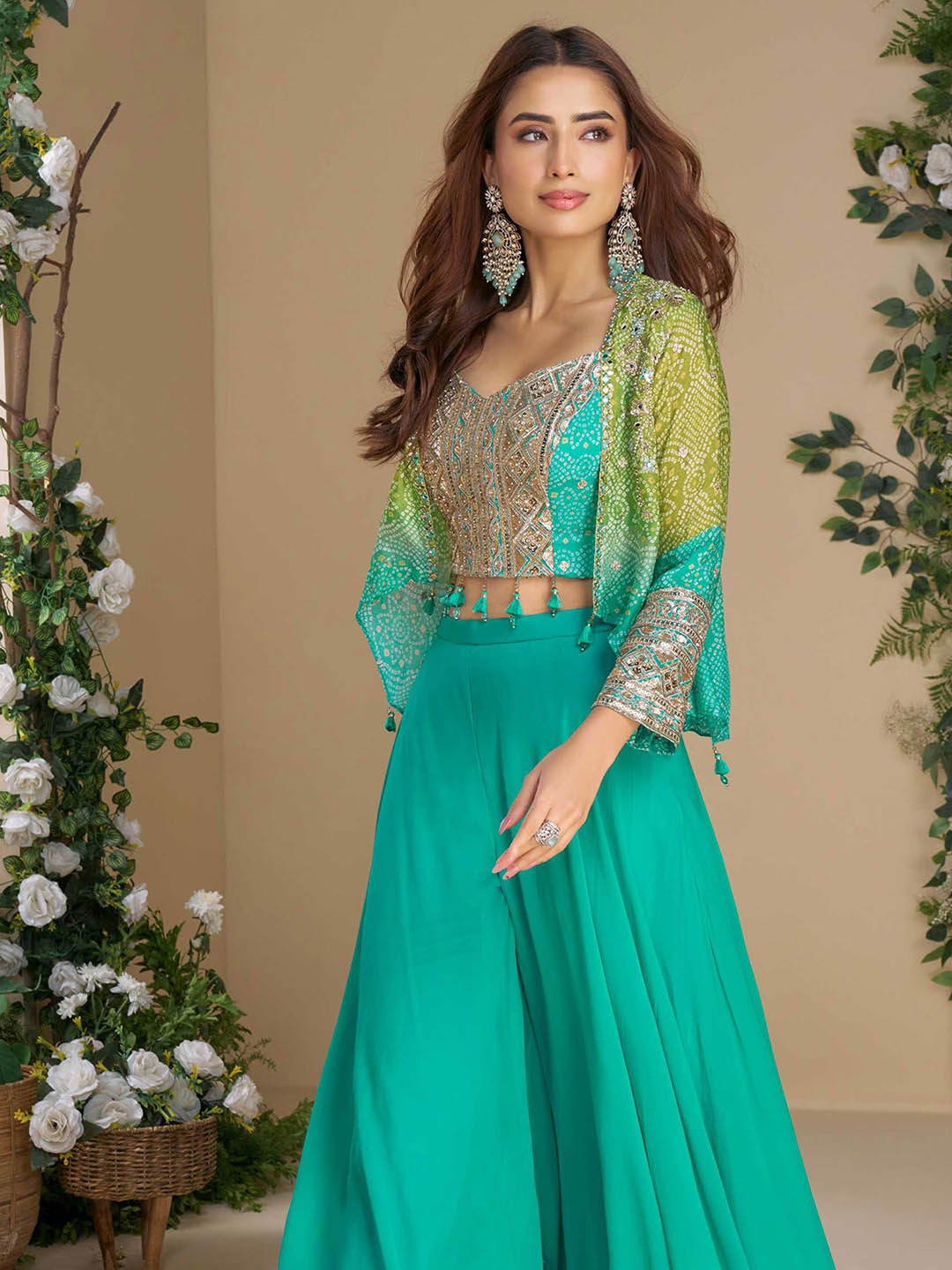 Printed Chinon Choli With Plazzo &amp; Jacket