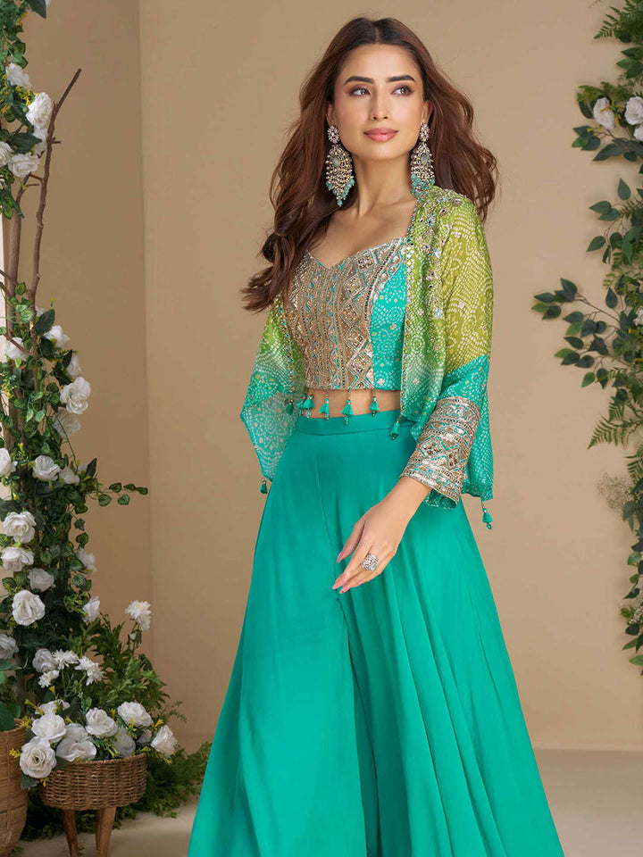 Printed Chinon Choli With Plazzo &amp; Jacket