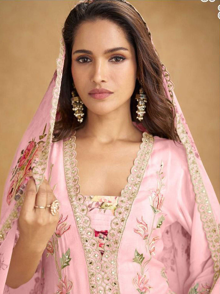 Embroidered Chinnon Kurta With Plazzo &amp; Dupatta