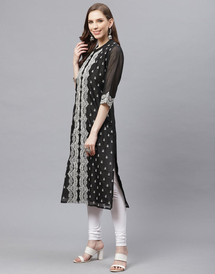 Black Straight Cotton Chanderi Kurta