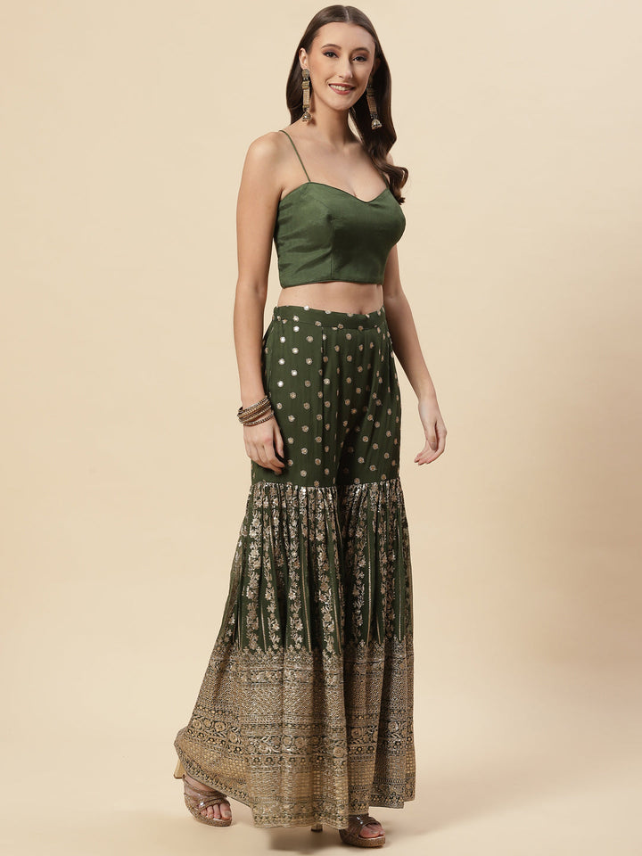 Sequin Resham Embroidered Georgette Crop Top With Jacket Garara &amp; Dupatta