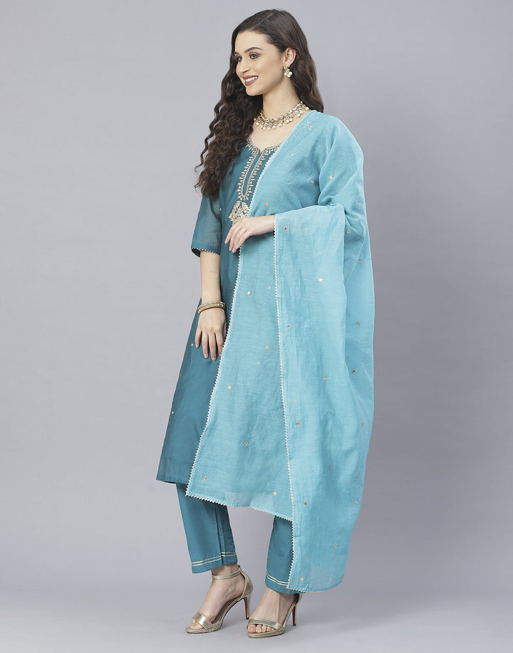 Lake Blue and Maroon Cotton Chanderi Salwar Kameez