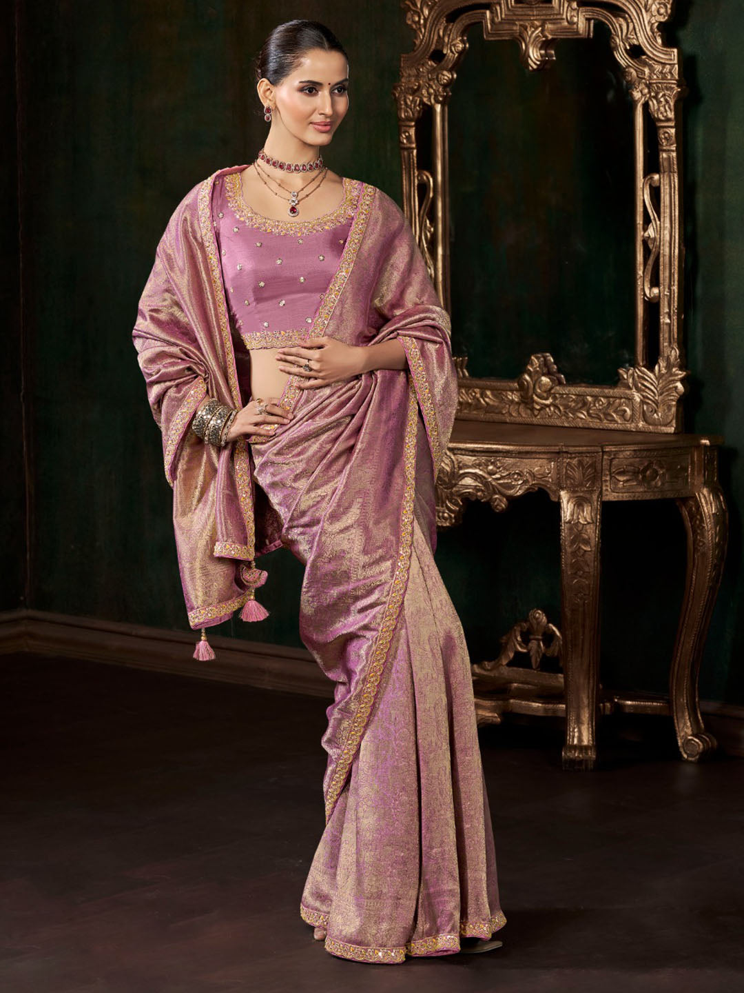 Woven Design &amp; Embroidered Border Art Silk Saree