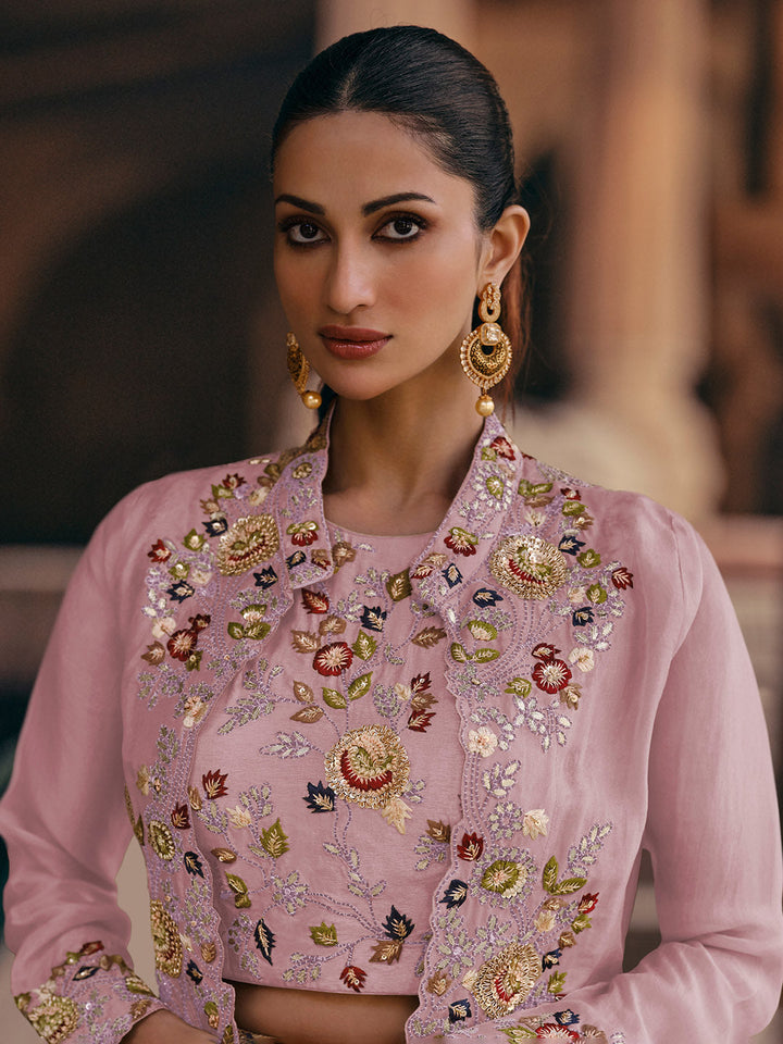 Embroidered Gerogette Choli &amp; Lehenga With Jacket