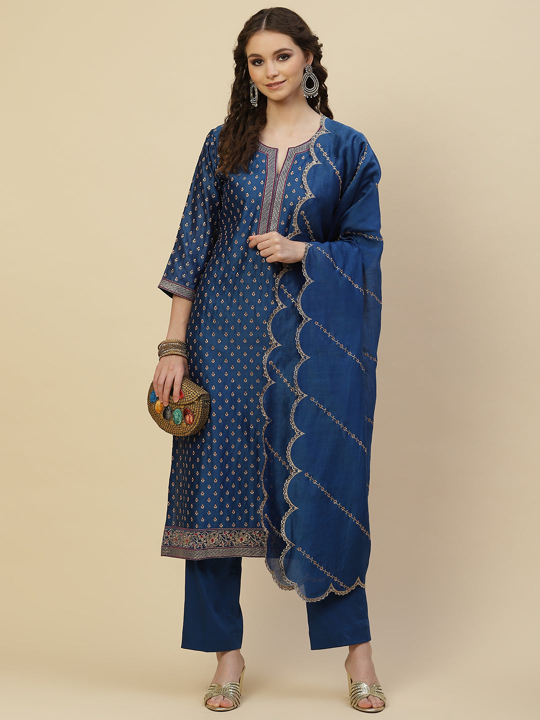Resham Booti Cotton Kurta With Pants &amp; Dupatta