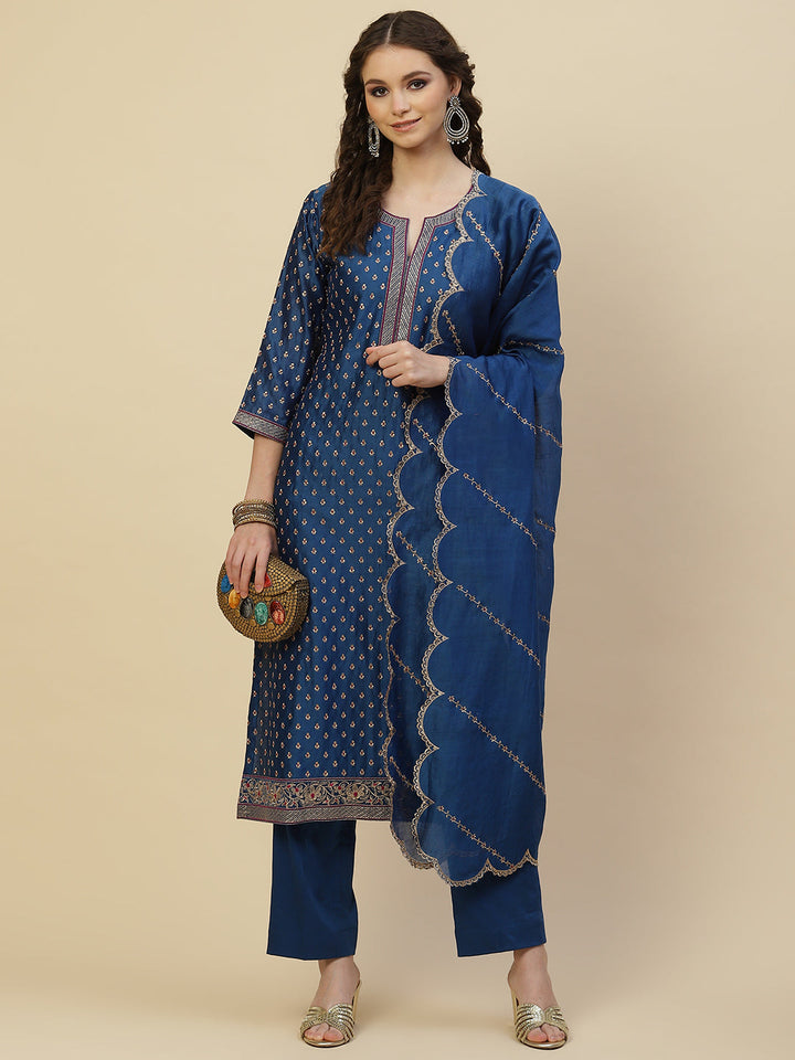 Resham Booti Cotton Kurta With Pants &amp; Dupatta