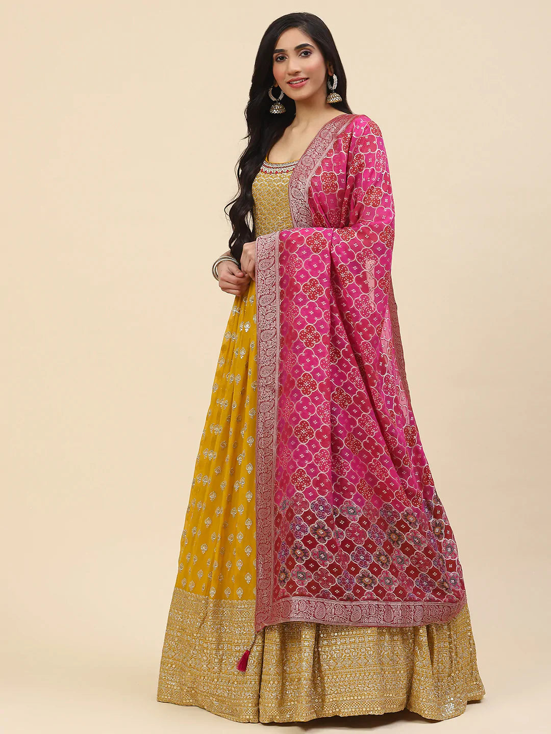 Sequin Embroidered Georgette Kurta With Churidar &amp; Dupatta