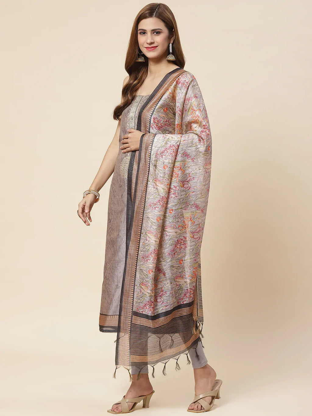 Neck Embroidered & Printed Chanderi Unstitched Suit Piece With Dupatta