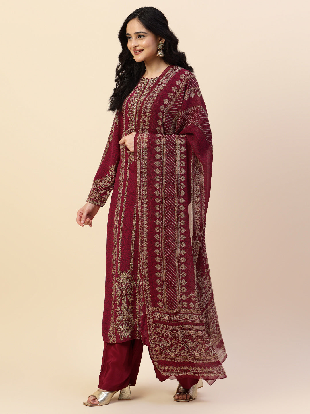 Digital Printed Crepe Kurta With Palazzo &amp; Dupatta