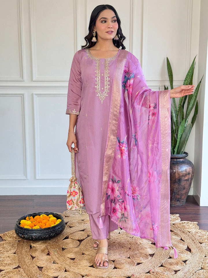Neck Embroidery Cotton Blend Kurta With Pants &amp; Dupatta
