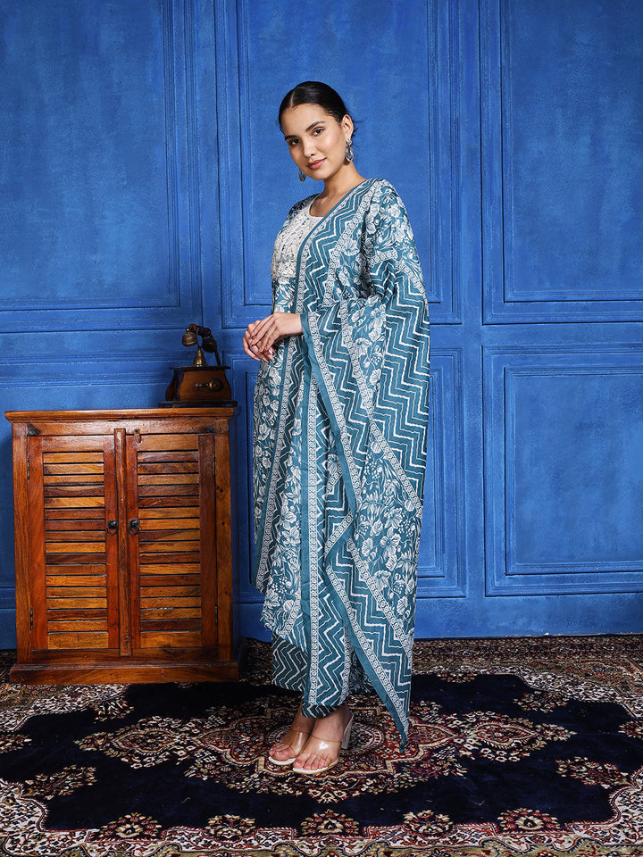 Printed Cotton Blend Kurta With Pants &amp; Dupatta