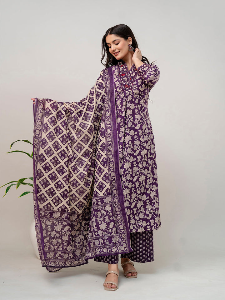 Floral Parinted Cotton Kurta With Pants &amp; Dupatta