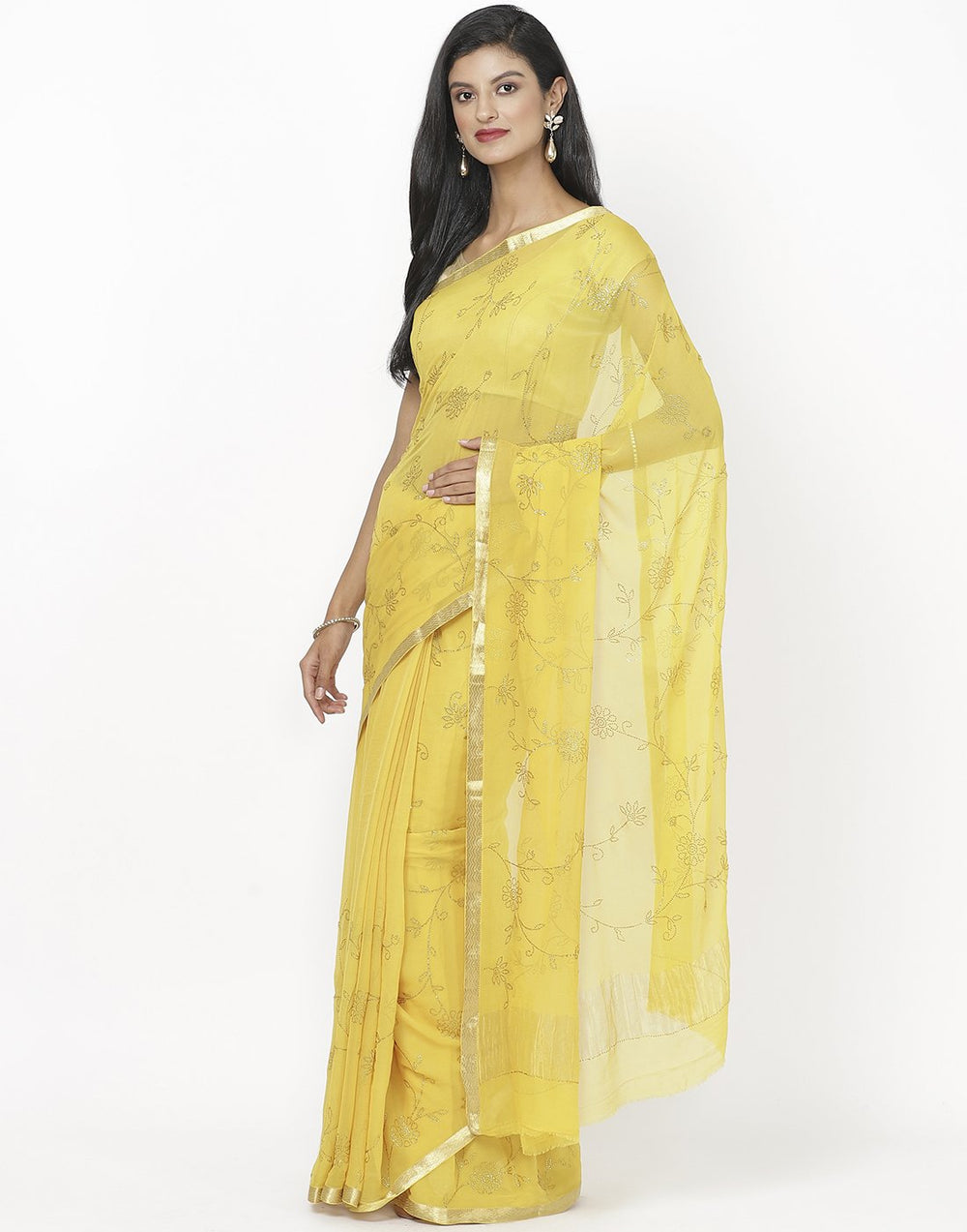 MBZ Meena Bazaar-Yellow Chiffon Saree