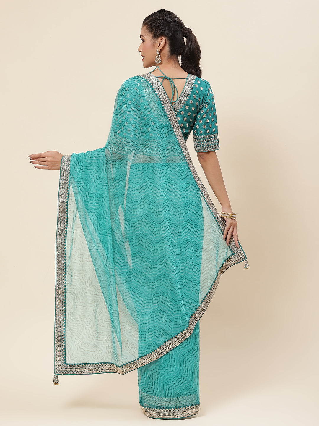 Printed &amp; Embroidered Border Organza Saree