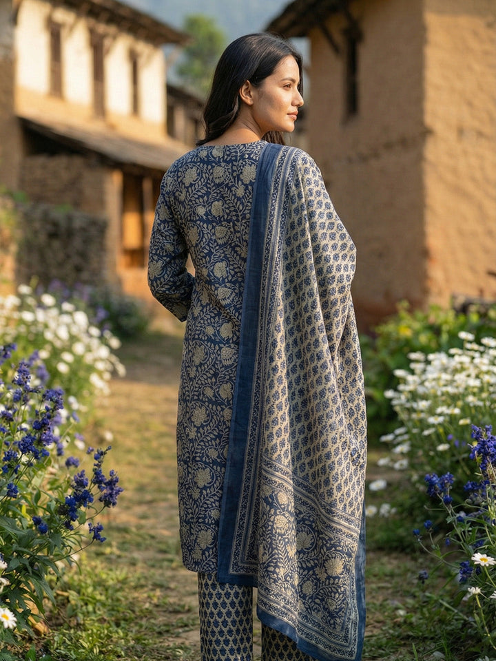 Printed Cotton Blend Kurta With Pant &amp; Dupatta