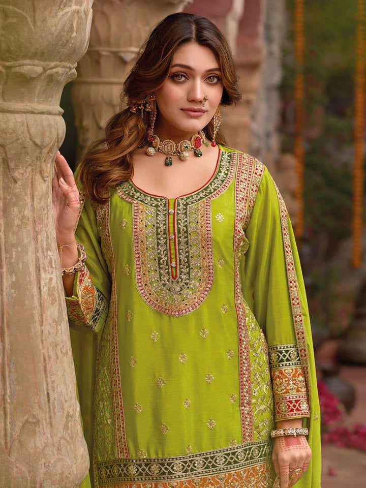 Embroidered Chinnon Silk Kurti With Gharara &amp; Dupatta