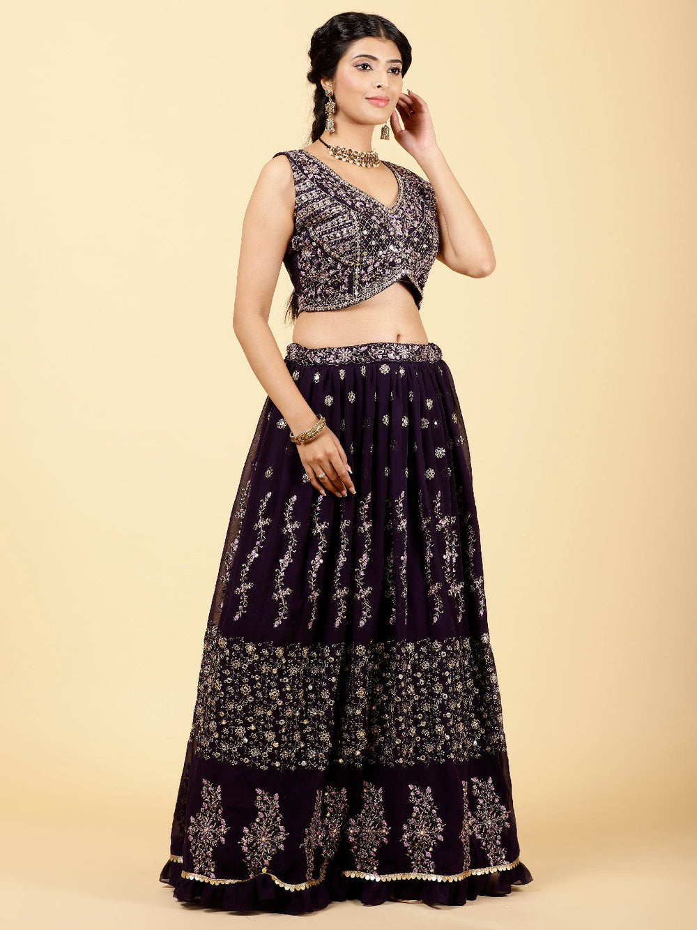 Zari Embroidered Georgette Choli With Lehenga & Dupatta