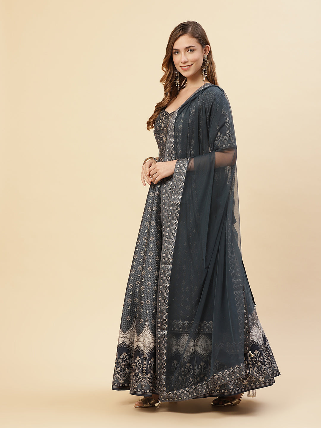 Digital Printed Art Tussar Anarkali Kurti With Chudidar And Net Dupatta